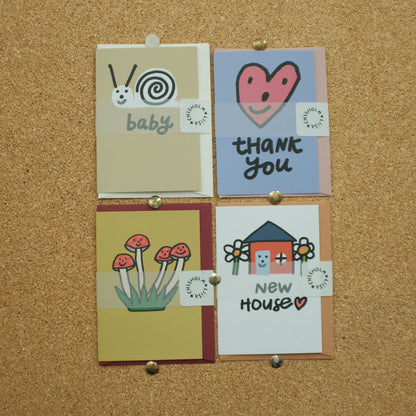A7 Mini Card Set - Thank You Heart, New House, Baby, and Mushroom Friends